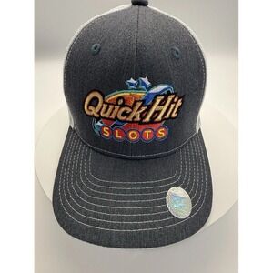 Grey and white mesh trucker hat with an embroidered "Quick Hit Slots"